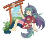  1girl :3 bambootea closed_mouth collared_shirt commentary_request green_eyes green_hair horns komano_aunn long_hair no_sclera red_shirt shirt short_sleeves shorts solo tail torii touhou white_shorts 