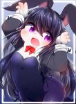  absurd_res anthro black_hair blush bunny_costume clothed clothing costume cuffs_(clothing) female flat_chested floppy_ears fully_clothed fur grey_body grey_fur hair hi_res kemono lagomorph leporid long_hair mammal ne_(nefuraito336) open_mouth pose purple_eyes rabbit raised_arms red_ribbon scut_tail short_tail simple_background solo standing young 