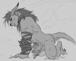  2021 4_fingers anthro armor athletic athletic_anthro athletic_male balls biped bodily_fluids bracers charr claws digital_drawing_(artwork) digital_media_(artwork) erection fangs feet felid finger_claws fingers fluffy_balls fur genital_fluids genitals glans guild_wars hair hand_on_ground hi_res horn humanoid_genitalia humanoid_penis kneeling long_hair male mammal masturbation monochrome nude open_mouth penile penile_masturbation penis side_view signature solo touching_grass tritscrits tuft video_games 
