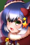  1girl animal_costume animal_ear_fluff animal_ears blue_hair cape christmas christmas_present dire_wolf_(kemono_friends) extra_ears gift grey_eyes hair_ornament hat highres hikarikmy kemono_friends kemono_friends_v_project long_hair looking_at_viewer open_mouth ribbon santa_costume santa_hat simple_background smile snowman solo virtual_youtuber wolf_costume wolf_ears wolf_girl 