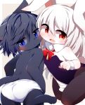  absurd_res anthro bent_over blue_eyes blush bunny_costume butt clothing costume cuffs_(clothing) domestic_cat duo felid feline felis female floppy_ears fur grey_body grey_fur grey_hair hair hi_res kemono lagomorph leporid looking_at_viewer looking_back mammal ne_(nefuraito336) open_mouth panties rabbit red_eyes red_ribbon scut_tail short_tail simple_background standing underwear white_body white_clothing white_fur white_hair white_panties white_underwear young 