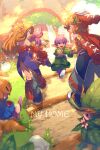  blonde_hair closed_mouth detached_sleeves dress echo_(circa) green_eyes hair_ornament hair_tubes hat imu_(lom) legend_of_mana long_hair multiple_boys multiple_girls open_mouth pointy_ears seiken_densetsu sierra smile toto_(lom) 