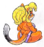  2021 activision anthro bandicoot biped black_body black_fur black_nose black_tail blonde_hair breasts clothed clothing coco_bandicoot colored_sketch crash_bandicoot_(series) eyelashes female fur green_eyes hair kitsune_youkai long_hair looking_at_viewer looking_back looking_back_at_viewer mammal marsupial multicolored_body multicolored_fur orange_body orange_fur orange_tail pink_clothing rear_view simple_background sitting sketch solo tan_body tan_fur traditional_media_(artwork) two_tone_body two_tone_fur video_games white_background white_body white_fur white_tail_tip 