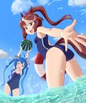  2girls :d ahoge animal_ears aqua_hair arms_up artist_name ass ball beachball black_ribbon blue_eyes blue_hair blue_one-piece_swimsuit blue_sky breasts brown_hair cloud day flat_chest food_print foreshortening hair_ribbon heterochromia highres holding holding_ball holding_innertube horse_ears horse_girl horse_tail innertube long_hair looking_at_viewer looking_back multicolored_hair multiple_girls one-piece_swimsuit open_mouth outdoors ponytail purple_eyes reaching_towards_viewer red_ribbon ribbon sharp_teeth sky small_breasts smile standing streaked_hair swimsuit tail tamagoya teeth tokai_teio_(umamusume) twin_turbo_(umamusume) twintails umamusume wading water water_drop watermelon_print wet white_hair 