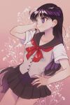  1girl bishoujo_senshi_sailor_moon black_hair black_sailor_collar bow bowtie buttons earrings grey_skirt grey_vest highres hino_rei jewelry lips long_hair miniskirt pleated_skirt purple_eyes red_bow red_bowtie sailor_collar school_uniform serafuku shirt short_sleeves skirt smile solo stud_earrings ta_girls_school_uniform vest white_shirt yyemoyy 