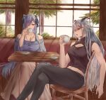  2girls absurdres aegir_(azur_lane) alternate_costume august_von_parseval_(azur_lane) azur_lane bare_shoulders black_horns black_pants breasts brown_shirt casual chair cleavage cleavage_cutout clothing_cutout cross cross_earrings cup demon_horns drinking earrings from_side hair_on_horn hair_over_one_eye highres horns indoors iron_cross jewelry large_breasts long_hair long_sleeves midriff_peek multicolored_hair multiple_girls necklace off_shoulder open_mouth pants pine_tree purple_eyes purple_hair purple_shirt red_hair shirt sitting sleeveless sleeveless_shirt streaked_hair table tomi_(user_etxn7372) tree two-tone_hair very_long_hair white_hair wide_sleeves window yellow_eyes 