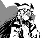  1girl bangs closed_mouth commentary_request detached_sleeves greyscale hand_up hat high_contrast long_hair long_sleeves matara_okina monochrome portrait shirt simple_background sleeveless sleeveless_shirt smile solo touhou xiebaowang 