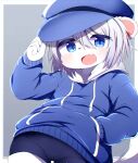  absurd_res anthro bike_shorts black_bottomwear black_clothing black_shorts blue_clothing blue_eyes blue_hat blue_headwear blue_hoodie blue_topwear blush bottomwear clothed clothing cute_fangs female fully_clothed fur grey_background grey_hair hair hat headgear headwear hi_res hoodie kemono looking_at_viewer mammal ne_(nefuraito336) open_mouth short_hair shorts simple_background solo standing topwear white_body white_fur 