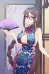  1girl bangs bare_shoulders blush braid braided_ponytail breasts brown_eyes brown_hair cleavage danxing_aipangzi fate/grand_order fate_(series) folding_fan glasses hand_fan highres large_breasts long_hair looking_at_viewer parted_lips solo thighs very_long_hair yu_mei-ren_(fate) yu_mei-ren_(spare_the_idle_talk)_(fate) 
