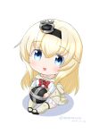  1girl blonde_hair blue_eyes braid chibi crown dress french_braid globus_cruciger hair_between_eyes hairband jewelry kantai_collection long_hair long_sleeves masara_(chuujou) mini_crown necklace open_mouth red_ribbon ribbon smile solo warspite_(kancolle) white_dress 