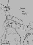  admiring anthro aroused arvo92 bell bell_collar belt bisexual bovid breasts caprine collar erection female genitals group hi_res horn hybrid_genitalia hybrid_penis male male/female male/male mammal monochrome penis pubes sheep size_difference sketch text trio 