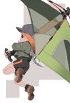  1girl bangs bike_shorts black_shorts blush bomber_jacket boots border brella_(splatoon) brown_footwear cabbie_hat commentary_request fa-01_jacket_(splatoon) from_side fu-ta full_body green_jacket green_theme grey_background hat highres holding holding_weapon house-tag_denim_cap_(splatoon) inkling inkling_girl jacket long_hair long_sleeves looking_away looking_to_the_side orange_eyes orange_hair outside_border parted_lips shorts simple_background solo splatoon_(series) splatoon_2 tan_work_boots_(splatoon) tenta_brella_(splatoon) umbrella weapon white_border 