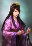  1girl black_eyes brown_hair china_dress chinese_clothes dress earrings hanfu headpiece jewelry light_frown long_hair open_mouth realistic romance_of_the_three_kingdoms sangokushi_koei 