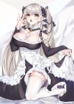  1girl absurdres azur_lane bangs bed_sheet blunt_bangs breasts choker cleavage clothes_lift commentary_request detached_sleeves dress dress_lift formidable_(azur_lane) grey_hair hair_ribbon highres kneeling lifted_by_self long_hair long_sleeves looking_at_viewer maid open_mouth orange_eyes ribbon sidelocks solo thighhighs twintails white_thighhighs yoshitoki_(kisshin) 