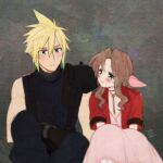  1boy 1girl aerith_gainsborough armor artist_name baggy_pants bangs black_gloves blonde_hair blue_eyes blue_pants blue_shirt blush braid braided_ponytail breasts brown_hair choker cloud_strife dated dress feet_out_of_frame final_fantasy final_fantasy_vii final_fantasy_vii_remake flower_choker gloves green_eyes grey_background hair_between_eyes hair_ribbon jacket krudears long_dress long_hair looking_at_another pants parted_bangs pink_dress pink_ribbon red_jacket ribbon shirt short_hair short_sleeves shoulder_armor sidelocks single_bare_shoulder sitting sleeveless sleeveless_turtleneck spiked_hair suspenders toned toned_male turtleneck upper_body wavy_hair 