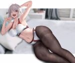  1girl arm_up armpits bangs bed blurry blurry_background blush breasts brown_pantyhose buruma character_request cleavage copyright_request eyelashes feet_out_of_frame grey_hair hand_up highres indoors large_breasts legs medium_hair midriff nail_polish navel one_eye_closed open_mouth pantyhose pantyhose_under_shorts photo_background pink_nails po_ppe red_eyes saliva shadow sideboob solo sports_bra suggestive_fluid sweatdrop swept_bangs teeth tongue tongue_out upper_teeth 