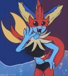  4_fingers anthro blaziken blue_body breasts clothed clothing cute_expression eeveelution fakemon fan_character female fingers fur fusion generation_1_pokemon generation_3_pokemon hi_res ibispaintx mask nintendo pok&eacute;mon_fusion pokemon pokemon_(species) red_body shaded simple_background simple_coloring simple_shading smile solo toony vaporeon vaporkinnie vaporkinnie64 video_games water yellow_body yellow_fur 