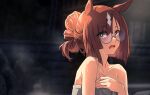  1girl alternate_hairstyle animal_ears bare_shoulders blurry blurry_background blush brown_hair collarbone glass grey_eyes hair_bun highres horse_ears ikuno_dictus_(umamusume) looking_at_viewer naked_towel open_mouth round_eyewear short_hair sinnra_art solo towel umamusume upper_body wet 