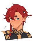  1boy black_jacket blue_eyes closed_mouth genderswap genderswap_(ftm) gold_trim gundam gundam_suisei_no_majo hair_between_eyes jacket looking_at_viewer male_focus mars_symbol nokhong_y portrait red_eyes red_hair short_hair_with_long_locks single_sidelock solo suletta_mercury thick_eyebrows upper_body white_background 