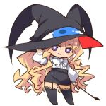  1girl :3 black_skirt black_thighhighs blonde_hair breasts chibi closed_mouth full_body garter_straps hat lilith_(yamibou) long_hair looking_at_viewer mota purple_eyes simple_background skirt smile solo thighhighs very_long_hair wavy_hair white_background witch_hat yami_to_boushi_to_hon_no_tabibito 