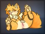  4:3 absurd_res anonymous_artist anthro anus big_tail brown_stripes female fluffy fluffy_tail fur genitals hi_res mammal orange_body orange_fur pawpads paws pussy shaded simple_background simple_shading solo stripes tongue 