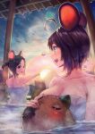  2girls ahoge animal animal_ears bird blue_sky breasts capybara cleavage highres large_breasts looking_at_another mouse_ears multiple_girls naked_towel nengajou new_year onsen original outdoors petting red_eyes sakumichi short_hair sky sunrise towel 