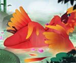  &lt;3 anthro avian bamboo bird bird_feet blue_eyes clash_royale covering covering_breasts creek european_mythology feathered_wings feathers female fog genitals greek_mythology lying mythological_avian mythological_firebird mythology nude on_side outside partially_submerged phoenix pussy quangdoann red_body red_feathers shallow_water solo tail_feathers water winged_arms wings 