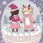  2girls animal_costume antlers bangs bell black_hair black_skin blonde_hair blunt_bangs chibi christmas closed_eyes colored_skin dress emilico_(shadows_house) full_body hair_ornament hat highres holding_hands kate_(shadows_house) long_hair long_sleeves mametarou_(mameji) multiple_girls neck_bell open_mouth pink_dress red_ribbon reindeer_antlers reindeer_costume ribbon santa_costume santa_hat shadow_(shadows_house) shadows_house smile snow_globe standing two_side_up 