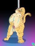  2022 4_fingers 4_toes anthro armpit_tuft balls belly benjamin_clawhauser bodily_fluids cheetah dancing digital_media_(artwork) disney feet felid feline fingers fur genital_fluids genitals looking_at_viewer male mammal nenana-uso nipples nude overweight overweight_anthro overweight_male penis pole pole_dancing precum smile solo spots spotted_body spotted_fur toes tuft whiskers yellow_body yellow_fur zootopia 