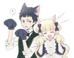  1boy 1girl animal_ears animal_hands apron bangs black_bow black_hair blonde_hair blue_bow blue_dress blue_eyes blunt_bangs blush bow cat_ears cat_paws closed_eyes dress emilico_(shadows_house) fang green_jacket hair_bow hakuchuu highres jacket long_hair open_mouth paw_pose shadows_house shaun_(shadows_house) shirt short_hair sleeves_rolled_up smile white_apron white_shirt 