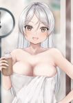 1girl bottle breasts brown_eyes collarbone conte_di_cavour_(kancolle) grey_hair hair_down highres holding holding_bottle kantai_collection koru_pera large_breasts long_hair looking_at_viewer naked_towel open_mouth smile solo towel upper_body 