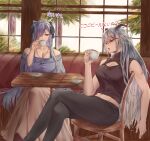  2girls absurdres aegir_(azur_lane) alternate_costume august_von_parseval_(azur_lane) azur_lane bare_shoulders black_horns black_pants breasts brown_shirt casual chair cleavage cleavage_cutout clothing_cutout cross cross_earrings crossed_legs cup demon_horns drinking earrings from_side hair_on_horn hair_over_one_eye highres horns indoors iron_cross jewelry large_breasts long_hair long_sleeves midriff_peek multicolored_hair multiple_girls necklace off_shoulder open_mouth pants pine_tree purple_eyes purple_hair purple_shirt red_hair shirt sitting sleeveless sleeveless_shirt streaked_hair table tomi_(user_etxn7372) tree two-tone_hair very_long_hair white_hair wide_sleeves window yellow_eyes 