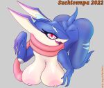 absurd_res anthro big_breasts breasts female generation_6_pokemon greninja hi_res looking_at_viewer nintendo nipples pink_eyes pink_nipples pokemon pokemon_(species) solo suchicempa thick_thighs video_games 