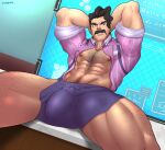  1boy abs arm_behind_head bara black_hair board bulge collared_shirt desk enzobara feet_out_of_frame hairy highres large_pectorals long_hair looking_at_viewer male_focus manly mature_male muscular muscular_male navel_hair nipples open_clothes open_shirt pectorals pokemon pokemon_(game) pokemon_sv saguaro_(pokemon) shirt skirt smirk solo spread_legs teeth thick_arms thick_eyebrows thick_thighs thighs yellow_eyes 