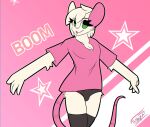  anthro blep clothing fur girly green_eyes hi_res legwear male mammal mouse murid murine reggie_(whygena) rodent shirt solo star stockings thibbycat tongue tongue_out topwear underwear white_body white_fur 