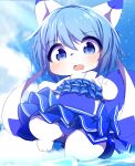  anthro barefoot blue_clothing blue_eyes blue_hair blue_swimwear blush chibi clothed clothing feet female fur hair hi_res kemono looking_at_viewer mammal ne_(nefuraito336) one-piece_swimsuit open_mouth outside short_hair solo standing swimwear water white_body white_fur young 