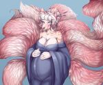  accessory anthro asian_clothing blue_eyes blush breasts canid canine chest_tuft cleavage clothed clothing east_asian_clothing exposed_shoulders female fluffy fluffy_tail fox fur hair hair_accessory hair_bun hair_sticks hands_on_belly japanese_clothing kimono lidded_eyes mammal markings maryy2323 pink_body pink_fur pink_hair pink_nose pregnant pregnant_female robe sasha_valiski smile solo spots spotted_markings tan_body tan_fur tuft 