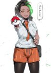  1girl b.sa_(bbbs) black_hair blush breasts collared_shirt dark-skinned_female dark_skin fingerless_gloves freckles gloves green_hair hair_pulled_back highres large_breasts long_hair looking_at_viewer multicolored_hair naranja_academy_uniform necktie nemona_(pokemon) orange_eyes orange_necktie poke_ball pokemon pokemon_(game) pokemon_sv ponytail shirt short_sleeves shorts smile solo streaked_hair 