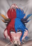  1boy 1girl :&gt;= absurdres ahegao ass bangs bed bed_sheet blue_eyes blue_hair blue_horns blush breasts bright_pupils commission completely_nude cum cum_in_mouth cum_in_nose cumdrip dragon_girl dragon_horns excessive_cum excessive_saliva eyes_visible_through_hair feet fellatio hair_between_eyes hair_in_mouth hetero heterochromia highres horns inferna_dragnis kneeling lips long_hair looking_at_another looking_at_viewer male_pubic_hair monster_girl multicolored_hair nose_bubble nude open_mouth oral orange_eyes orange_horns original pale_skin penis pubic_hair red_hair rikka_(artist) rolling_eyes saliva saliva_drip saliva_trail shiny shiny_skin snot snot_trail soles split-color_hair steam steaming_body sweat symbol-shaped_pupils toes trembling two-tone_hair uncensored white_pupils 