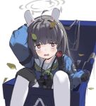  1girl absurdres ahoge animal_ears bangs binoculars black_gloves black_hair blue_archive blue_serafuku blue_shirt blue_skirt blunt_bangs blurry blurry_foreground blush bright_pupils commentary fake_animal_ears gloves green_neckerchief halo highres knees_up leaf leaf_on_head long_hair long_sleeves looking_at_viewer miyu_(blue_archive) neckerchief open_mouth pantyhose rabbit_ears recycle_bin red_eyes sailor_collar school_uniform serafuku shirt simple_background sitting skirt solo suzukasuraimu tears teeth upper_teeth white_background white_pantyhose white_pupils white_sailor_collar 