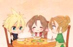  1boy 2girls aerith_gainsborough apron aqua_eyes armor bangle bangs black_gloves blonde_hair blue_shirt blush bowl bracelet braid braided_ponytail brown_eyes brown_hair chair chibi closed_eyes cloud_strife dinner dress eating elmyra_gainsborough final_fantasy final_fantasy_vii final_fantasy_vii_remake food food_on_face full_mouth gloves green_dress hair_between_eyes hair_bun hair_ribbon holding_utensil indoors jacket jewelry krudears long_hair looking_at_another mother_and_daughter multiple_girls parted_bangs pink_dress pink_ribbon red_jacket ribbon salad shirt short_hair short_sleeves shoulder_armor sidelocks sitting sleeveless sleeveless_turtleneck spiked_hair suspenders table thick_eyebrows turtleneck 