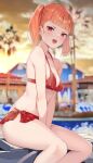  1girl bangs between_legs bikini blurry blurry_background blush breasts cleavage earrings feet_out_of_frame hand_between_legs highres isegawa_yasutaka jewelry legs looking_at_viewer medium_breasts medium_hair open_mouth orange_hair original outdoors poolside red_bikini red_eyes sitting smile sunset swimsuit thighs twintails 