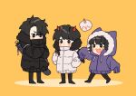  2boys alternate_costume animal_hood bangs black_coat black_eyes black_hair black_pants blush bright_pupils cellphone chibi chocorocotan closed_mouth coat commentary covered_mouth creature crossed_arms english_commentary fang full_body fur_trim han_sooyoung hand_in_pocket highres holding holding_phone hood hood_up horns kim_dokja long_sleeves looking_at_another looking_at_phone mole mole_under_eye multiple_boys omniscient_reader&#039;s_viewpoint open_mouth pants phone purple_coat red_horns shin_yoosung short_hair simple_background sleeves_past_fingers sleeves_past_wrists smartphone smile standing white_coat white_pupils winter_clothes yellow_background yoo_joonghyuk 