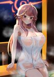  1girl aru_(blue_archive) bangs bare_shoulders bench blue_archive blunt_bangs blurry breasts c: cleavage collarbone commentary_request demon_girl demon_horns depth_of_field halo highres horns long_hair looking_at_viewer mamiyahara_hitoshige naked_towel onsen orange_eyes pink_hair sitting sleeveless smile solo steam towel wet_towel 