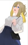  1girl :d bag blonde_hair blue_eyes blue_skirt breasts copyright_request gochiwa grey_sweater highres long_sleeves looking_at_viewer medium_breasts open_mouth ponytail shoulder_bag simple_background skirt smile solo sweater white_background 