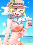  1girl alternate_costume beach bianca_(pokemon) blonde_hair blue_sky blush breasts cloud cup disposable_cup flower flower_necklace glasses green_eyes hat highres holding_hands lei looking_at_viewer luvdisc nashubi_(to_infinity_wow) navel open_mouth pokemon pokemon_(game) pokemon_bw2 sand sarong sky smile wristband 