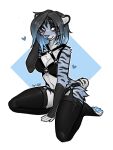  4_fingers blue_body blue_eyes blue_fur blue_hair blush bra clothing f-r95 felid female fingers fur grey_hair hair harness humanoid legwear mammal pantherine paws simple_background solo stockings underwear 