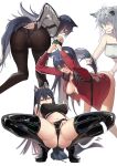  2girls animal_ear_fluff animal_ears arknights bangs bent_over black_hair black_pantyhose blush boots bound bound_wrists breasts cleavage closed_mouth gloves haruna09 highres implied_fingering jacket lappland_(arknights) latex latex_legwear long_hair multiple_girls naked_jacket panties panties_under_pantyhose pantyhose partially_fingerless_gloves tail tail_pull texas_(arknights) thigh_boots underwear white_jacket wolf_ears wolf_girl wolf_tail yuri 