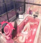  1girl absurdres alternate_hairstyle bathroom bathtub black_wings blue_archive bottle breasts completely_nude condensation dong_ji facing_away faucet feathered_wings floating floating_object from_above hair_bun hair_up halo head_wings highres indoors koharu_(blue_archive) legs medium_breasts nude partially_submerged pink_hair reflection single_hair_bun tile_floor tile_wall tiles toy wings 
