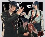  2boys angel_devil_(chainsaw_man) bangs black_background black_hair black_jacket black_necktie black_suit blood blood_on_clothes blood_on_face border brown_hair chainsaw_man character_name cigarette collared_shirt cowboy_shot earrings food food_on_face formal hair_between_eyes hair_down halo hayakawa_aki high_ponytail highres holding holding_cigarette holding_ice_cream ice_cream_cone jacket jacket_removed jewelry katana long_hair long_sleeves looking_to_the_side male_focus medium_hair multiple_boys necktie one_eye_closed parted_lips shirt short_ponytail smoke smoking suit suit_jacket sword tirtyturtle twitter_username upper_body weapon weapon_on_back white_shirt 